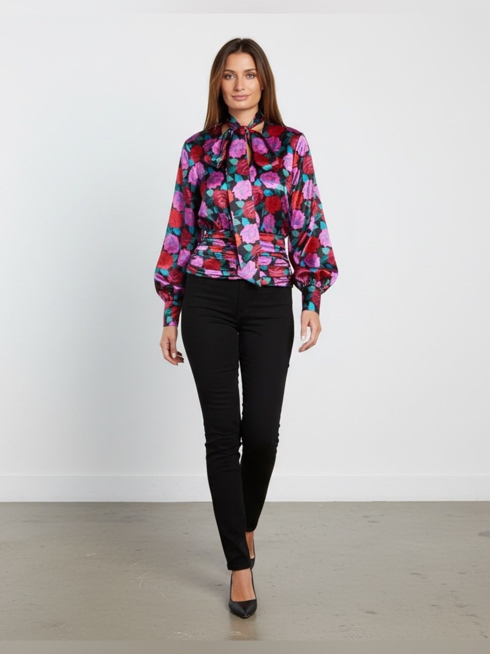 Ronny Kobo Eden Satin Blouse In Rose Floral Sz S